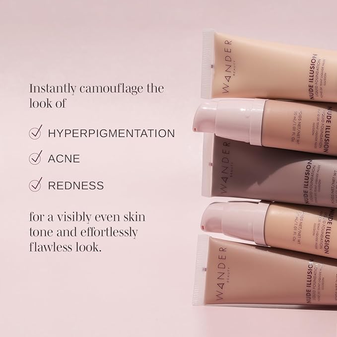 Wander Beauty Nude Illusion Liquid Foundation - Rich - Medium to Full Coverage Foundation with Niacinamide & Lotus Extract - Natural Skin Finish - Blurs, Conceals & Contours - Travel-Friendly Tube