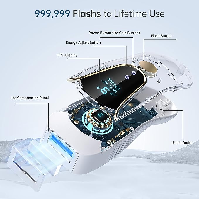 IPL Laser Hair Removal with Cooling System,Upgraded 3 Function,999,000 Flashes,9 Energy Levels,Painless Hair Remover Device for Face Armpits Legs Arms Bikini Line,Women and Men